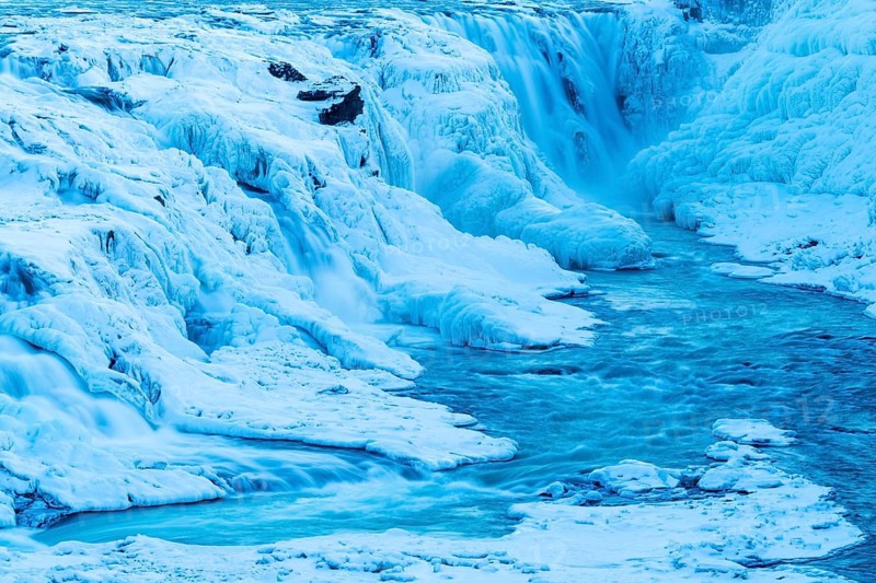 Gullfoss, waterfall of the Hvítá river, detail, ice, frost, snow, winter, Haukadalur, Iceland, Scandinavia