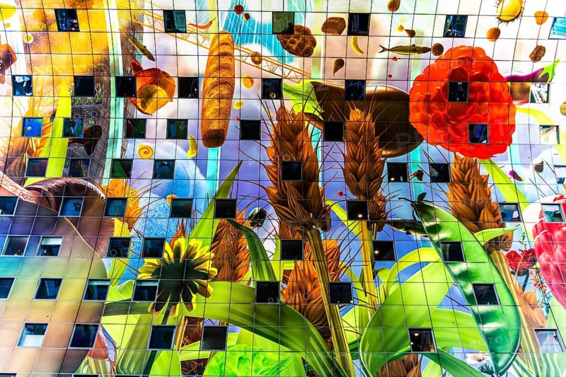 Markthal from 2014, offers over 100 food stalls and delicatessens with spectacular ceiling fresco cornucopia, Horn of Plenty by Arno Coenen and Iris Roskam, Rotterdam, the Netherlands