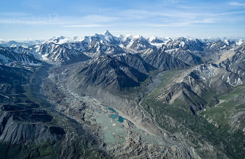 Melted glacier, glacier bed, aerial view, Alaska Range, Denali National Park, Alaska, USA