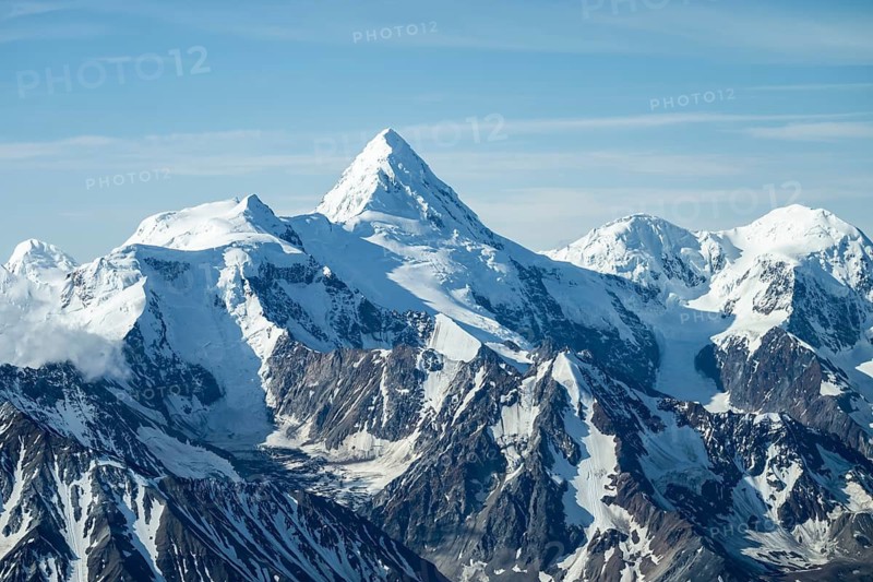 Snow and ice, epic mountains with glaciers, aerial view, Alaska Range, Denali National Park, Alaska, USA
