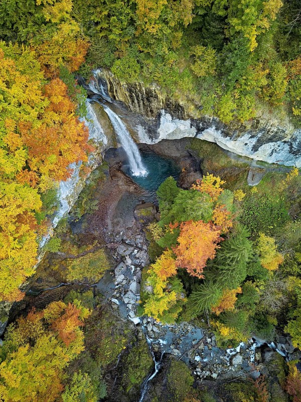 Aerial view of Berglistüber waterfall in autumn-colored surroundings, Linthal, Klausenpass, Canton of Glarus, Switzerland