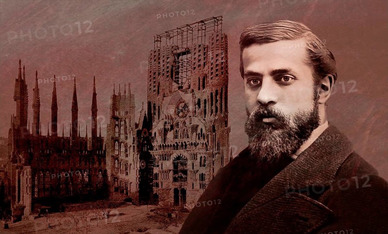 Portrait of Antoni Gaudí i Cornet, 1852 – 1926, Catalan architect and designer from Spain, the greatest exponent of Catalan Modernisme, Construction site of the Basílica i Temple Expiatori de la Sagrada Família, known as Sagrada Família, 1908, Barcelona, Catalonia, Spain, digitally edited