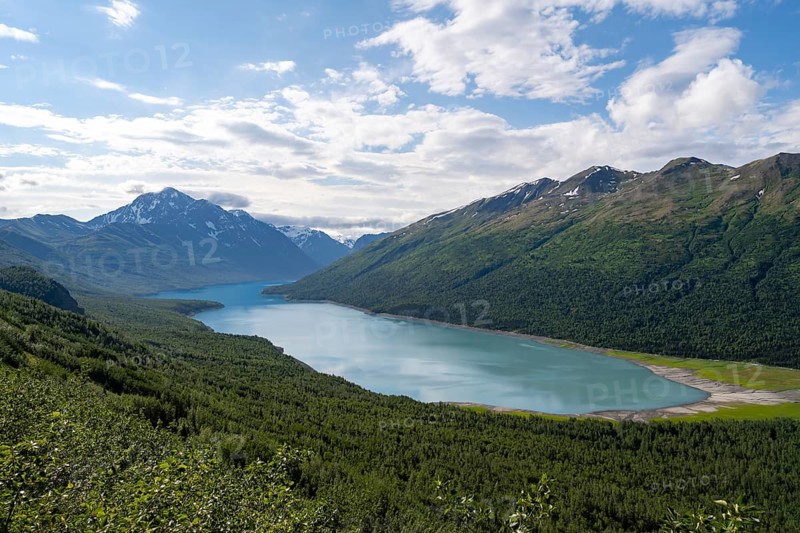 View of blue lake and mountains on Twin Peaks Trail, Eklutna Lake, Chugach Mountains, Chugach State Park, Alaska, USA