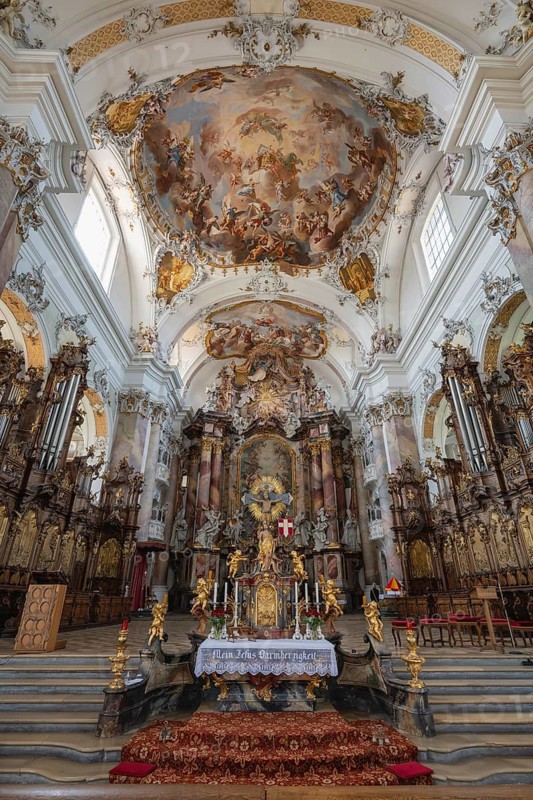 The magnificent Basilica of St. Alexander and St. Theodor in Ottobeuren impresses as a masterpiece of southern German Baroque with its opulent ceiling frescoes and detailed stucco decoration, Ottobeuren, Unterallgäu, Bavaria, Germany