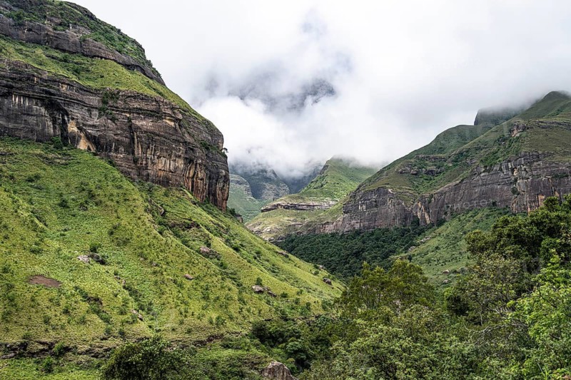 Landscape with mountains and fog, Drakensberg National Park, KwaZulu Natal, South Africa