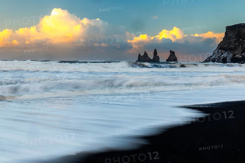 Reynisdrangar pinnacles, lava sandy beach, waves, sea, clouds, winter, Vik, Iceland, Scandinavia
