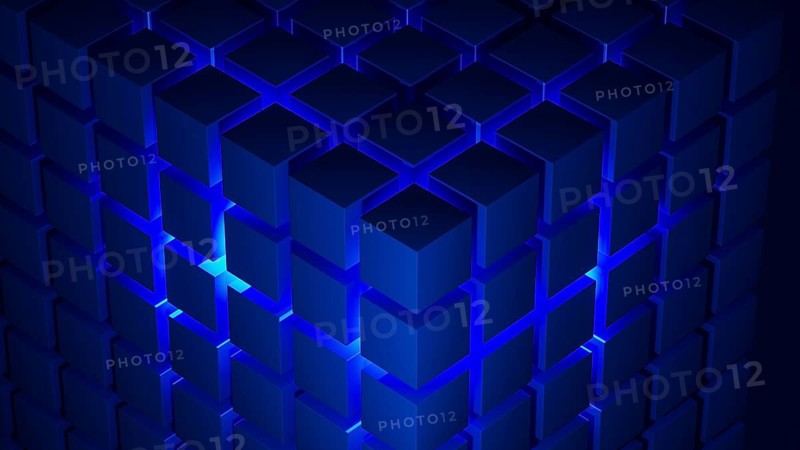 Cube structures create a captivating geometric arrangement highlighted by blue light, showcasing modern design concepts and technological inspiration