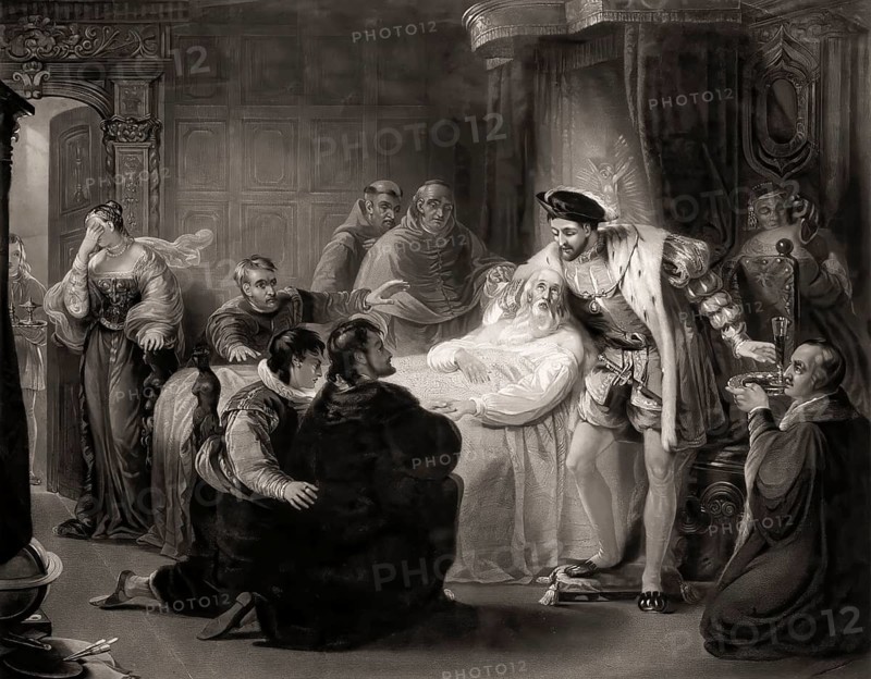 The deathbed of Leonardo da Vinci on May 2, 1519 with Francis I of France holding his head