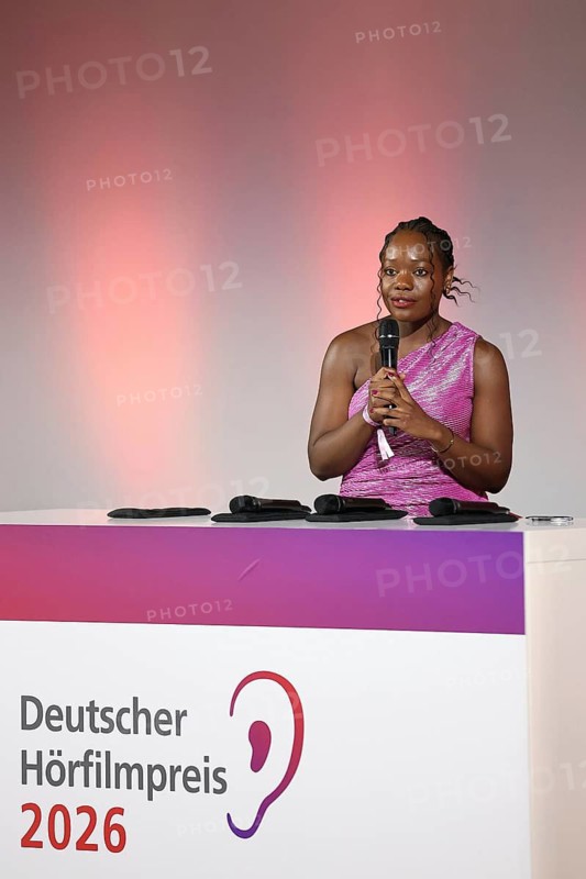 Kathy Etoa gives the laudatory speech for the documentary category at the German Audio Film Awards ceremony at the Colosseum cinema in Berlin on 24.03.2026