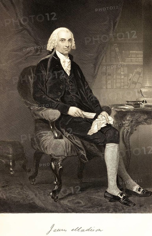 James Madison (1752-1836) fourth president of the United States, one of the founding fathers, USA, room, table, armchair, sitting, book, inkwell, pen, serious look, portrait of famous Americans, signature, artist Alonzo Chappel, steel engraving, historical illustration 1862
