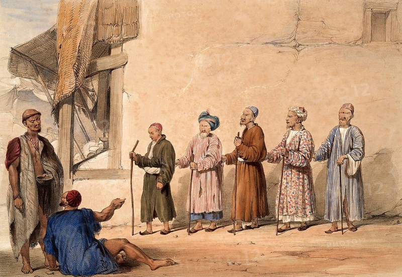 Cabul, a kuttar or row of blind beggars, Kabul, Afghanistan, after an illustration from 1838 by James Atkinson (1780-1852), Illustration, Reproduction from a 19th century original. Authentic, file restored for optimal use, exact date of original unknown, Historical, Travellers with walking sticks stand in front of a beggar, a scene full of humility