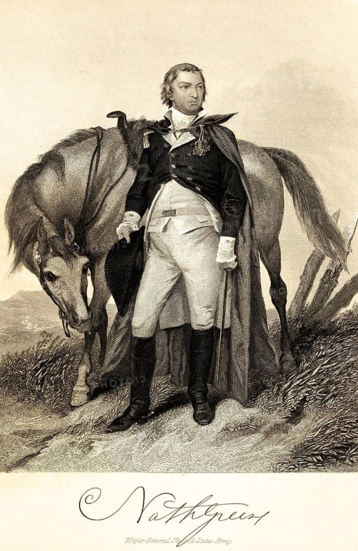 Nathanael Greene (1742-1786) important general in the American War of Independence, officer, USA, horse, uniform, boots, outdoors, portrait of famous Americans, signature, artist Alonzo Chappel, steel engraving, historical illustration 1862