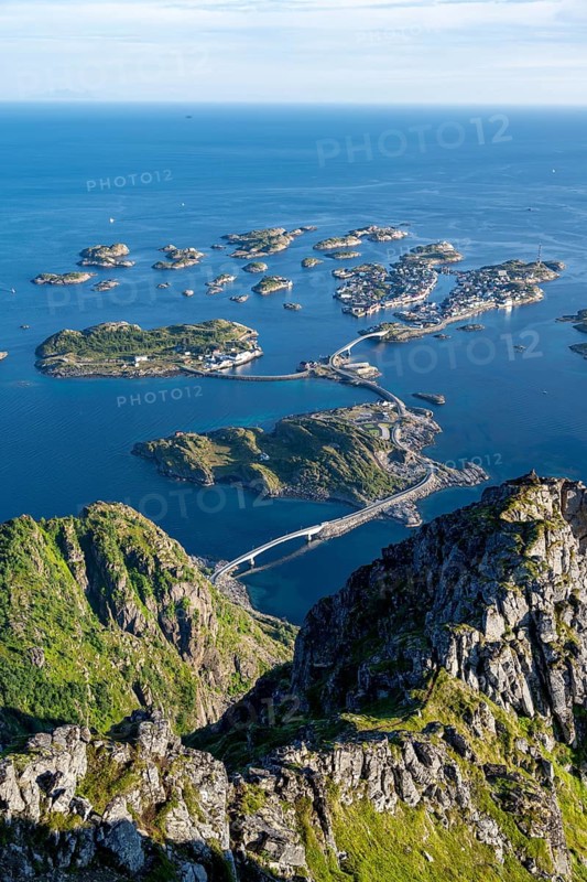 Bridges connecting numerous small rocky islands, archipelago islands, view of Henningsvær, Vågan, Lofoten, Nordland, Norway
