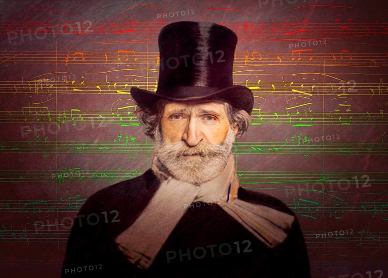 Giuseppe Verdi, 1813 – 1901, Italian opera composer, autograph notesheet from Don Carlos, digitally edited after a painting of Giovanni Boldini