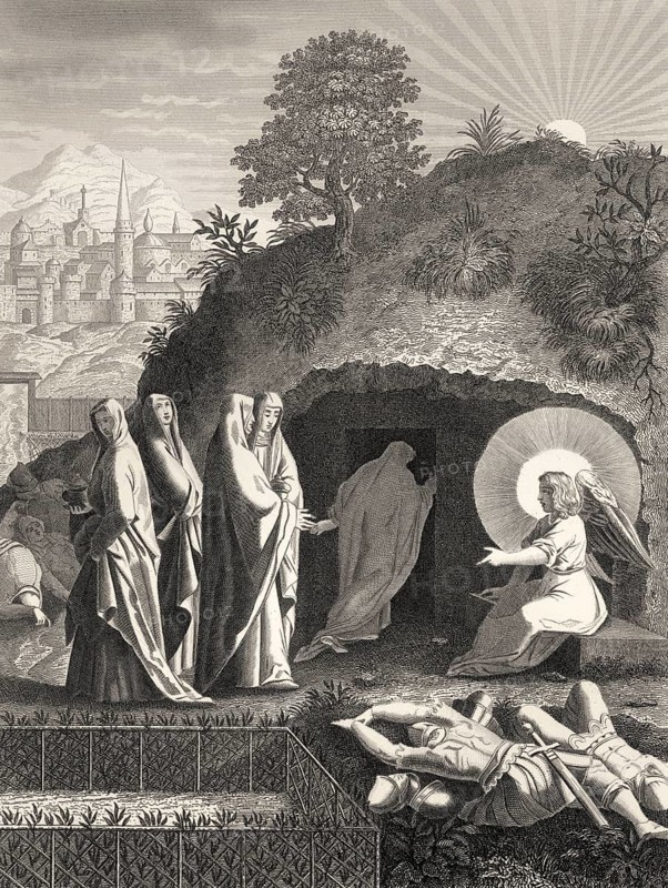 The empty tomb, Resurrection of Jesus, New Testament, steel engraving 1853, digitally restored