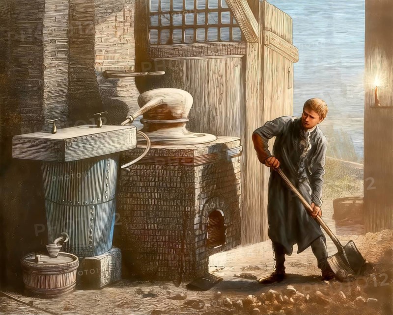 Isaac Bérard experimenting his distillation machine alone at night, 1877, Isaac Bérard, 1770 – 1819, a French wine distiller who invented a new and economical distillation process
