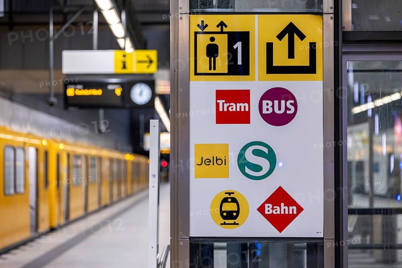 Central railway station subway station with subway. Sign with the logos of transport vehicles. S-Bahn, bus, tram, train and the Jelbi sharing service. Berlin, Germany