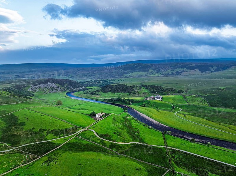 Forest in Teesdale over River Tees from a drone, North Pennines AONB, County Durham, England, United Kingdom