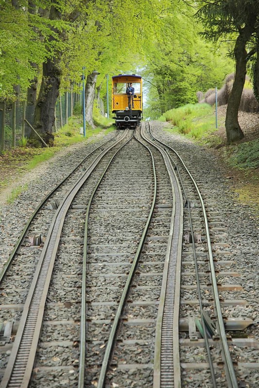 Nerobergbahn with rails and rack at the alternative point, slope, slope, drive, rope, track, mountain railway, Neroberg, tourism, landmark, Wiesbaden, Taunus, Hesse, Germany