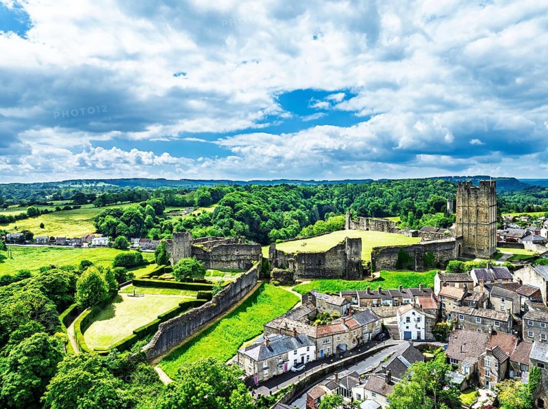 Richmond Castle from a drone, Richmond, Yorkshire Dales, North Yorkshire, England, United Kingdom