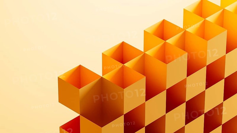 This graphic features an arrangement of 3D cubes in bright orange tones, forming an abstract composition against a seamless gradient backdrop