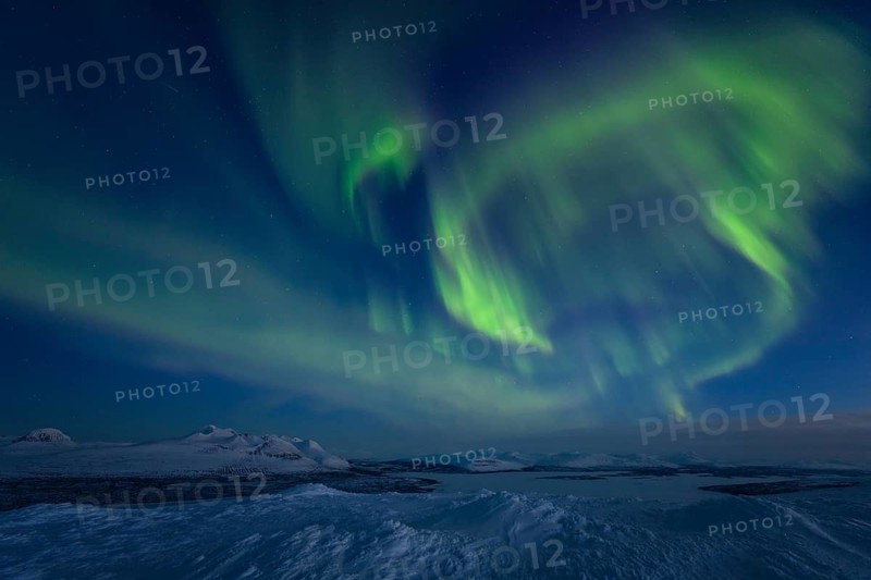 Northern Lights (Aurora borealis) over Lake Akkajaure and the Akkamassif, Stora Sjöfallet National Park, Laponia World Heritage Site, Norrbotten, Lapland, Sweden, April 2021