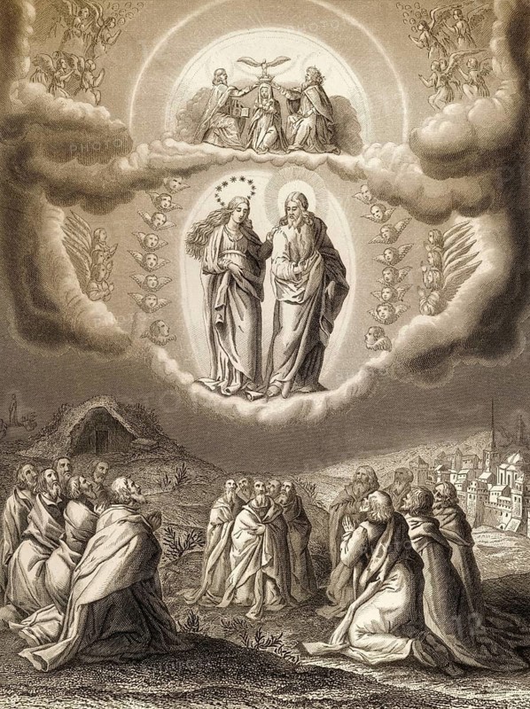 The Assumption of Mary into Heaven, Steel engraving 1853, digitally restored