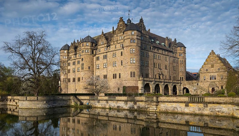Neuenstein Castle, moated castle from the Staufer period, seat of the Hohenlohe Central Archive Neuenstein, Hohenlohe, Baden-Württemberg, Germany