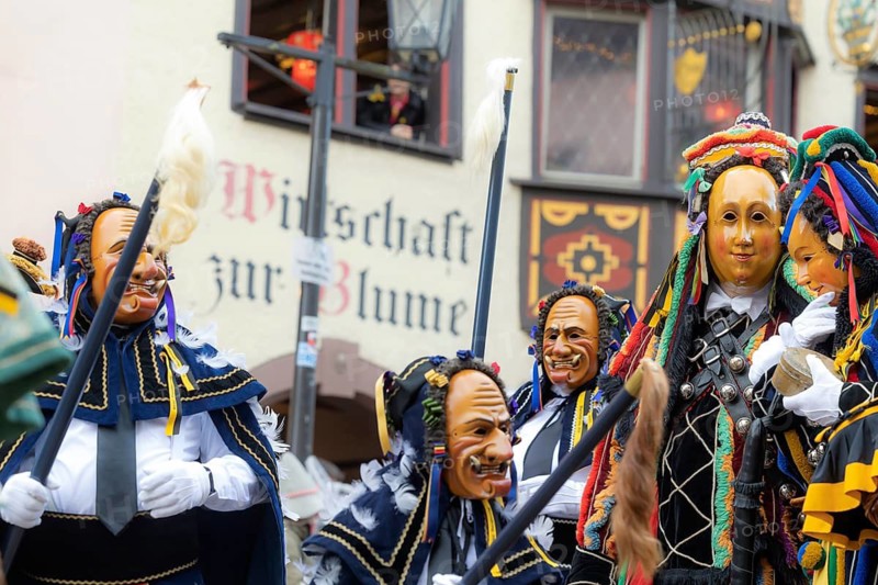 The highlight of the Swabian-Alemannic carnival is the fool's jump in Rottweil. Around 4000 fools jump through the historic Black Gate. Only fools with the certified original Rottweiler fool dress may participate. Rottweil, Black Forest, Baden-Württemberg, Germany