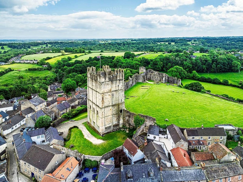 Richmond Castle from a drone, Richmond, Yorkshire Dales, North Yorkshire, England, United Kingdom