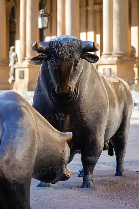 Bull and bear on the stock exchange square in front of the stock exchange, Frankfurt am Main, Hesse, Germany