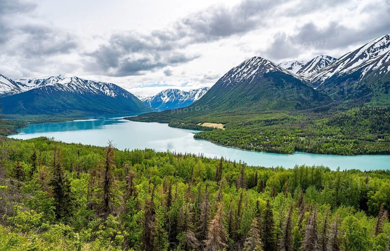 View of snowy mountains in spring and turquoise blue Kenai Lake, Slaughter Ridge Trail, Cooper Landing, Kenai Peninsula, Alaska, USA