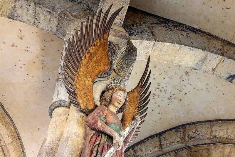 Archangel Michael at the entrance to the portal of the parish church of St. Michael. City view of Schwäbisch Hall, Baden-Württemberg, Germany