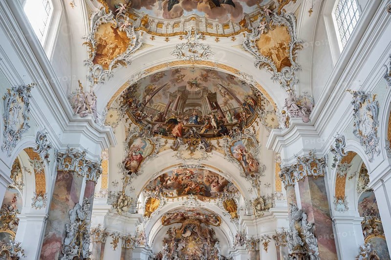 The magnificent Basilica of St. Alexander and St. Theodor in Ottobeuren impresses as a masterpiece of southern German Baroque with its opulent ceiling frescoes and detailed stucco decoration, Ottobeuren, Unterallgäu, Bavaria, Germany