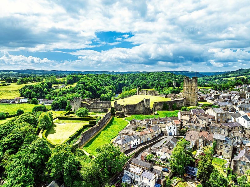 Richmond Castle from a drone, Richmond, Yorkshire Dales, North Yorkshire, England, United Kingdom
