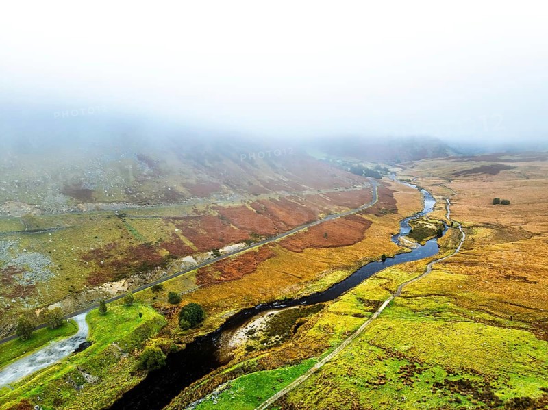 Autumn over Claerwen Dam, Claerwen Valley, Elan Valley Reservoir, Rhayader, Powys, Wales, UK