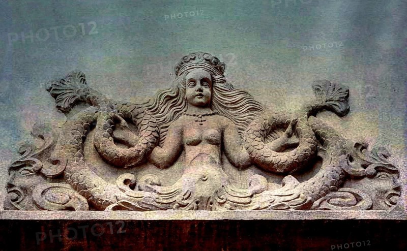 Mythological Mermaid Creature, wall decoration, Welf Castle of Herzberg, Herzberg am Harz, district of Göttingen, Lower Saxony, Germany, digitally edited