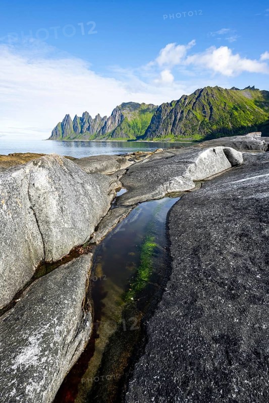 Tidal pools, rocky coast of Tungeneset, Devil's Teeth, Devil's Teeth, Okshornan, Ersfjorden, Senja Island, Troms, Norway