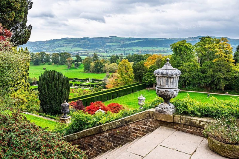 Autumn colors over Powis Castle and Garden, Welshpool, Powys, Wales, UK