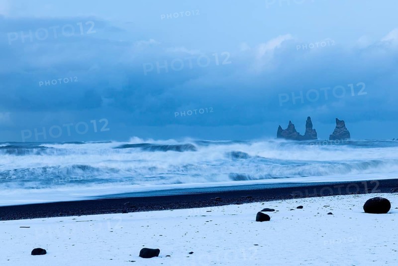 Reynisdrangar pinnacles, lava sandy beach, waves sea, snow, winter, Vik, Iceland, Scandinavia