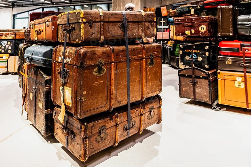 Luggage maze, historic suitcases, FENIX, museum about migration, in a historic warehouse in Katendrecht, hub for emigrants who set off overseas on the Holland-America line, Rotterdam, the Netherlands