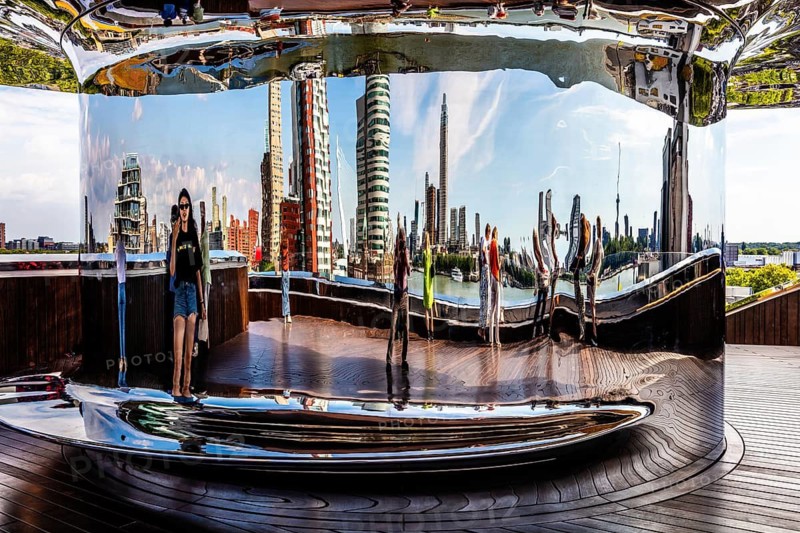 Spectacular double spiral staircase from ground floor to roof terrace, offering breathtaking views over the Maas and Hotel New York, FENIX, museum about migration, in a historic warehouse in Katendrecht, Rotterdam, the Netherlands
