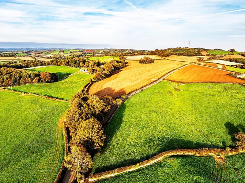 Colours of Devon Farms and Fields over Berry Pomeroy from a drone, Totnes, England, United Kingdom