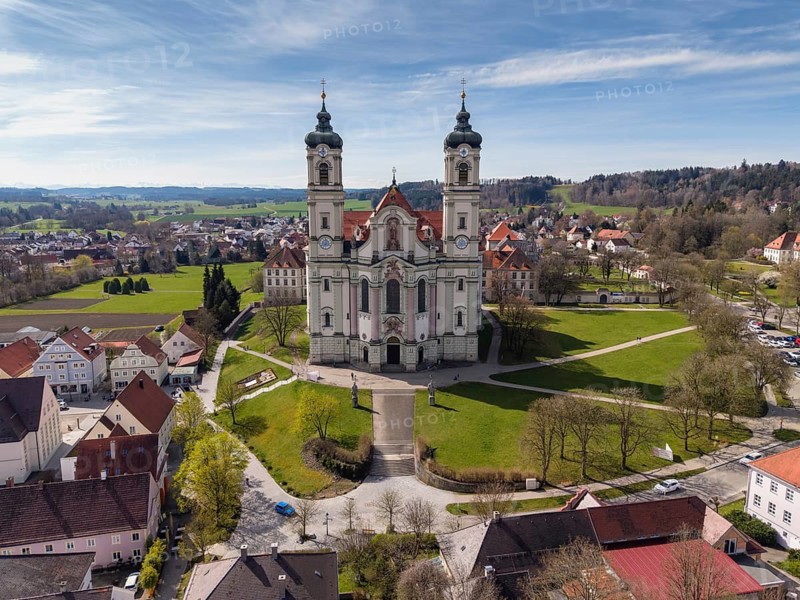 Aerial view of the Baroque Basilica of St. Alexander and Theodor, Ottobeuren Abbey, Ottobeuren, Unterallgäu, Bavaria, Germany