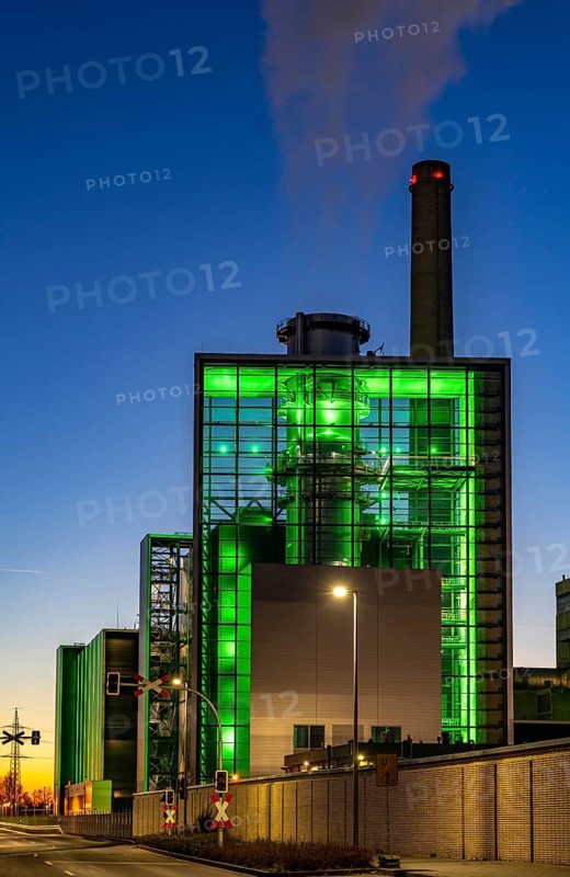 The Lausward combined heat and power plant in Düsseldorf, gas and steam turbine power plant, operated by Stadtwerke Düsseldorf and EnBW, in the harbour of Düsseldorf on the Rhine, green illuminated city window, the chimney of the Fortuna power plant unit, the power plant generates electricity, also traction current and district heating, North Rhine-Westphalia, Germany
