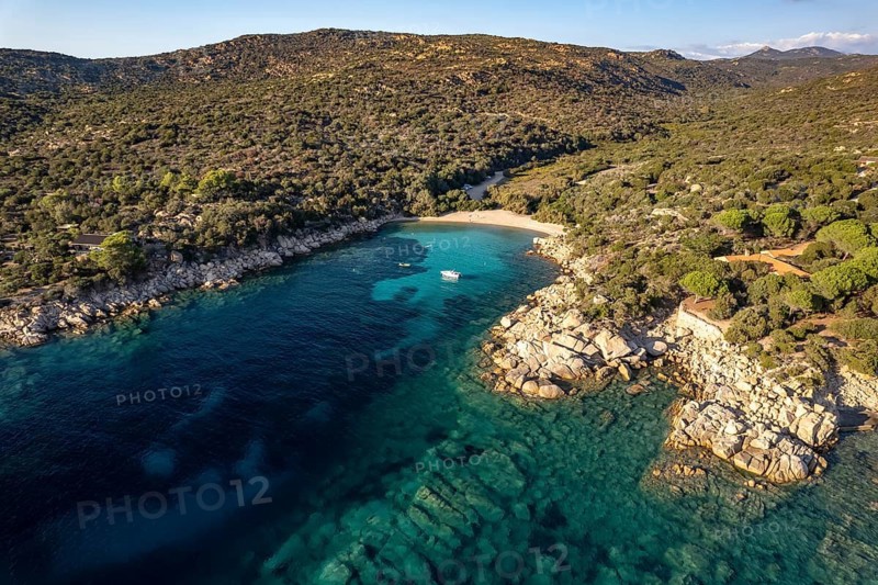 Coast and beach of Plage Barcaju near Tizzano seen from the air, Sartene, Corsica, France