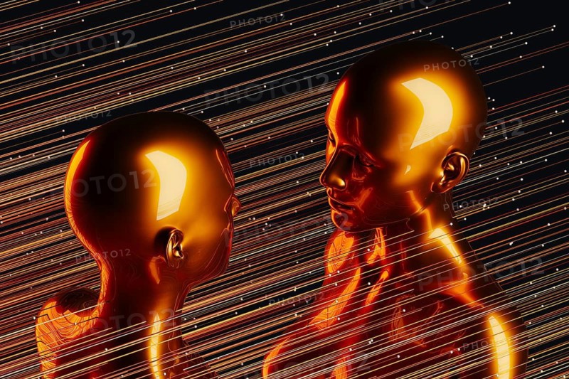 Two metal humanoids stand between illuminated lines representing the concept of artificial intelligence and modern technology in a dark background