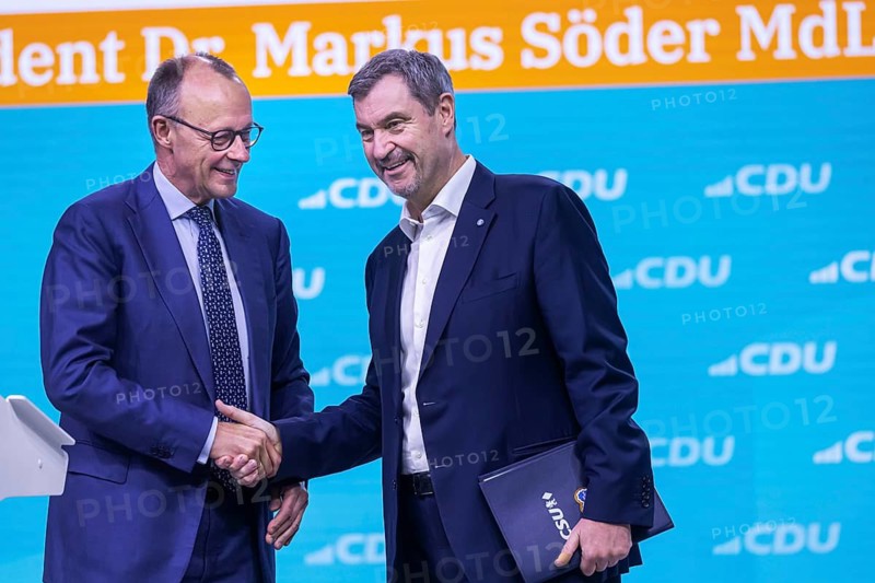 38th Federal Party Congress of the CDU of Germany in Stuttgart. Greetings from Markus Söder, party leader of the sister party CSU and Minister-President of the Free State of Bavaria. Federal Chancellor Friedrich Merz. Stuttgart, Baden-Württemberg, Germany