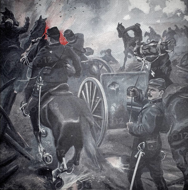 1st World War, French reserve artillery is prevented by German barrage from bringing help to the front lines (original pictorial text from 1915, original colouring), Illustration, Reproduction from a 19th century original. Authentic, File restored for optimal use, Exact date of original unknown, Historical, Dramatic scene with soldiers and horses in battle