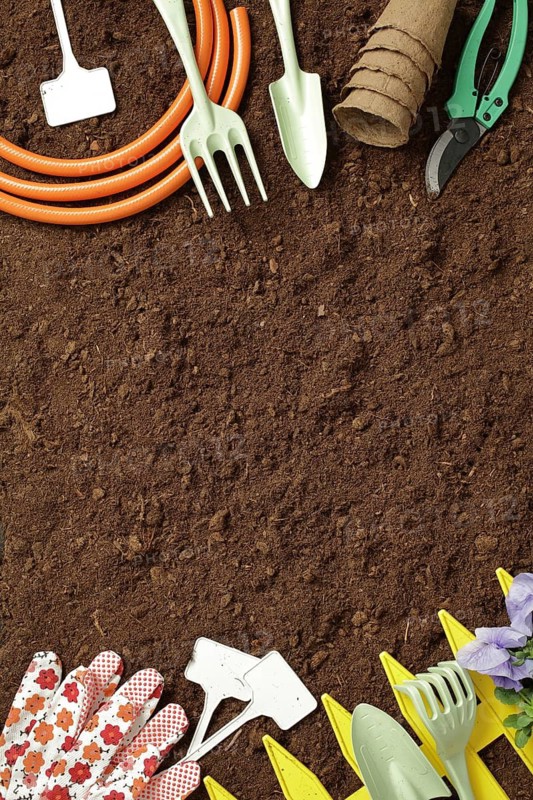 A collection of gardening tools, including a trowel, rake, hose, pruning shears, gloves, and plant markers, arranged on rich soil. Perfect for gardening or spring themes